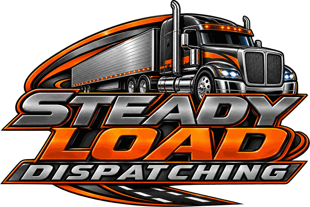 Steady Load Dispatching: a black semi truck with the company name in chrome and orange lettering