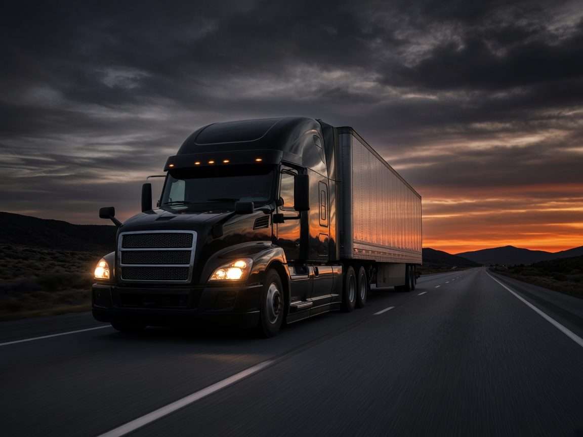 A black semi truck pulling a plain silver dry van trailer down an open highway at dusk under a dark sky with an orange glow on the horizon